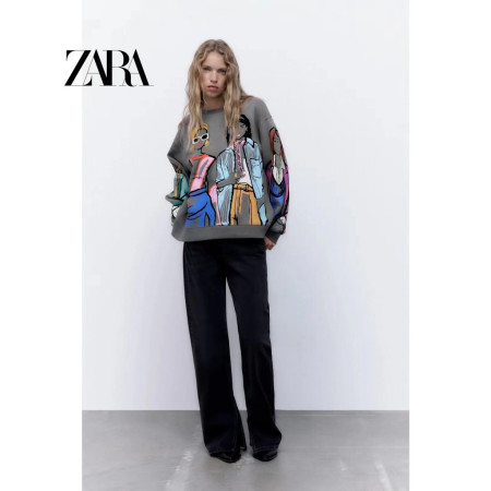 ZARA Autumn and Winter New Women's Contrast Print Round Neck Long Sleeve Sweatshirt 1131865 807