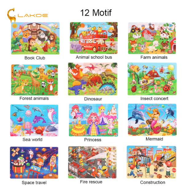 LAKOEINDONESIA Mainan Puzzle Kayu Anak Kartun Wooden Toys Mainan Jigsaw Puzzle