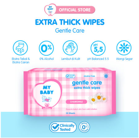MY BABY Extra Care Gentle Care Wipes [50 + 50 Sheets] - Tisu Basah Bayi Extra Lembut & Extra Tebal (2 pcs isi 50s)