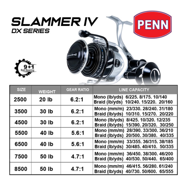 PENN Reel Spinning SLAMMER IV DX Dura Extra 2500 - 8500 9+1BB IPX6 Sealed Full Metal Body Saltwater