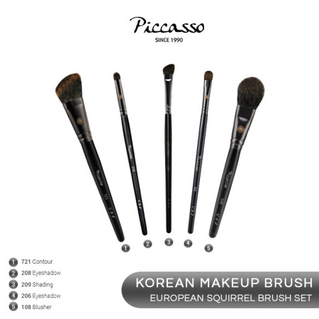 PICCASSO European Squirrel Hair Series Brush Set 5 pcs (Kuas Makeup) Set Lengkap Brush Makeup