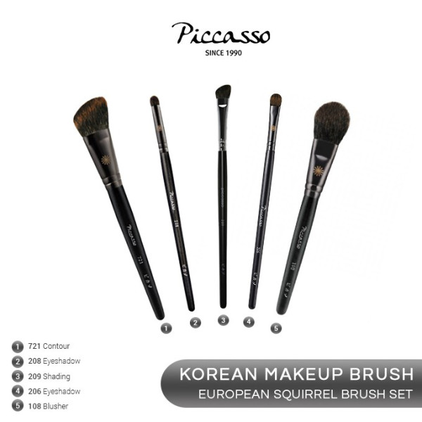 PICCASSO European Squirrel Hair Series Brush Set 5 pcs (Kuas Makeup) Set Lengkap Brush Makeup