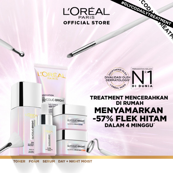 L Oreal Paris Glycolic Bright Glowing Skincare Set - Facial Foam 50 ml, Toner 65ml, Serum 15ml, Day & Night Cream 15ml