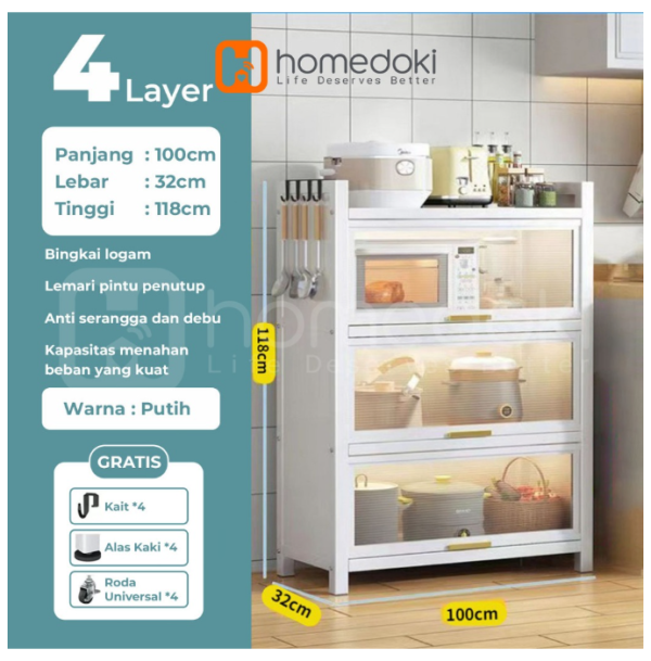 Homedoki Rak Piring Tertutup / Rak Dapur / Rak Susun Serbaguna / Lemari Piring / Rak Penyimpanan Multi-layer Dengan Roda Pintu