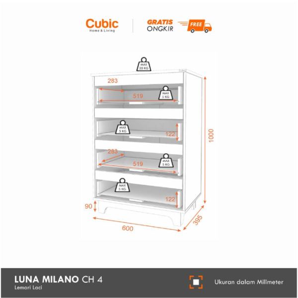 Cubic Chest Drawer Minimalis / Lemari Laci 4 Susun Serbaguna / LUNA MILANO CH 4