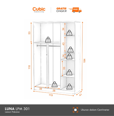 Cubic Lemari Pakaian Minimalis / Wardrobe Baju Motif Kayu / LUNA LPM 301