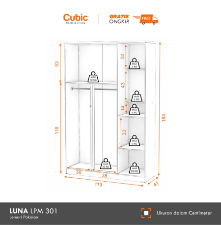 Cubic Lemari Pakaian Minimalis / Wardrobe Baju Motif Kayu / LUNA LPM 301