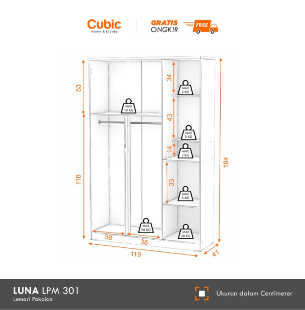 Cubic Lemari Pakaian Minimalis / Wardrobe Baju Motif Kayu / LUNA LPM 301