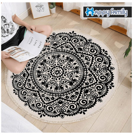 Happy Family Karpet Tenun Linen Bohemian Bulat Uk 90x90CM / Karpet Nordic Bundar Minimalis Modern / Karpet Lantai Ruang Tamu