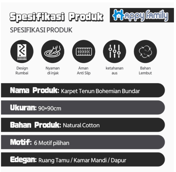 Happy Family Karpet Tenun Linen Bohemian Bulat Uk 90x90CM / Karpet Nordic Bundar Minimalis Modern / Karpet Lantai Ruang Tamu