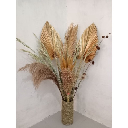 Paket Bunga Kering+Pot Mendong+Daun Palem Kering+Pampas