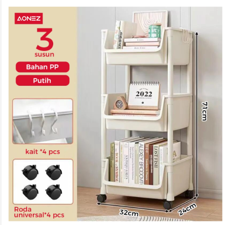 AONEZ Susun Serbaguna Tempat Rak Buku Anak Lemari Buku Plastik Rak Portable Roda Rak Mainan Rak Roda Toy Storage Rak Susun Tempat