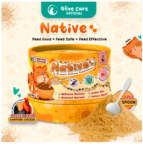 Olive Care Vitamin Kucing NATIVE+ Protein Tinggi 110gr untuk Penambah Nafsu Makan, Penggemuk Berat Badan, Gembul, Kulit Sehat,