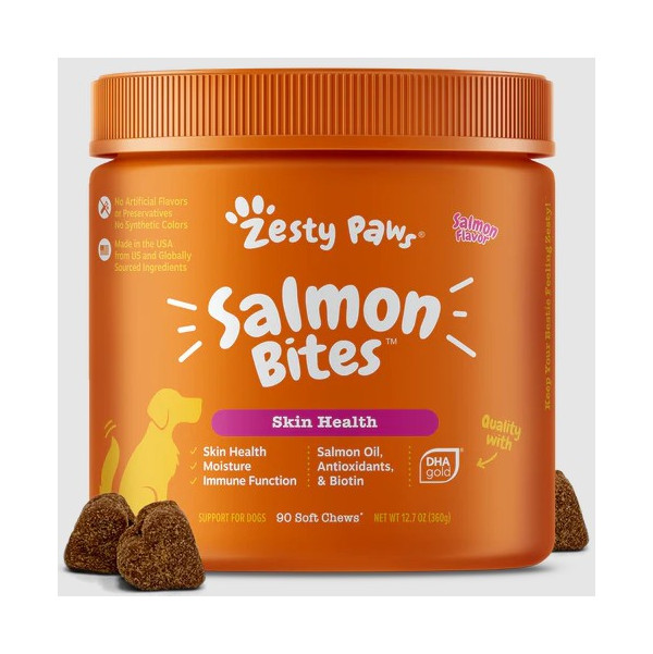 Zesty Paws Alaskan Salmon Bites Fish Oil Bites - Vitamin Omega Anjing