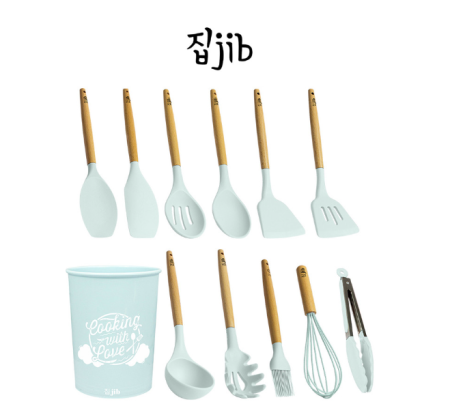 JIB Silicone Utensil Set 11 + Bucket / Kitchen Silicon Utensil Set 12 - Misty Blue