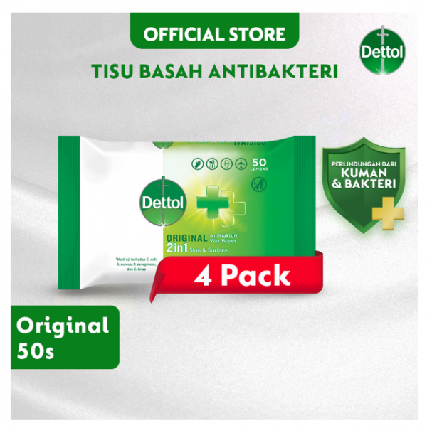 Dettol Wipes Original Anti Bakteri dan Kuman 50s x4 - Tisu Basah