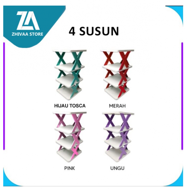 Rak Sepatu Susun Bahan Plastik Rak Sepatu Model Silang X Rak Serbaguna - Merah, 4 Susun