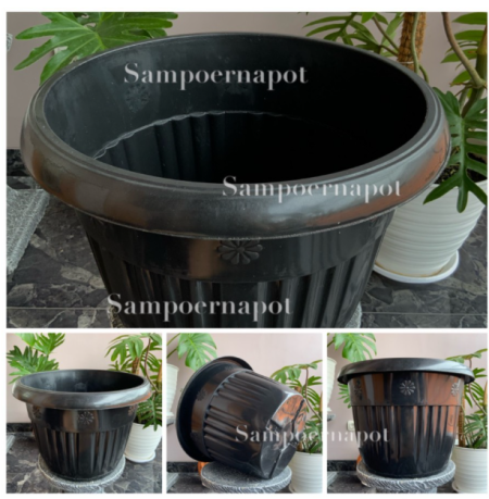 pot bunga tanaman plastik hitam Grace 40cm - kuping - Hitam
