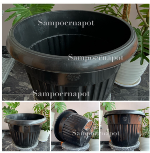 pot bunga tanaman plastik hitam Grace 40cm - kuping - Hitam