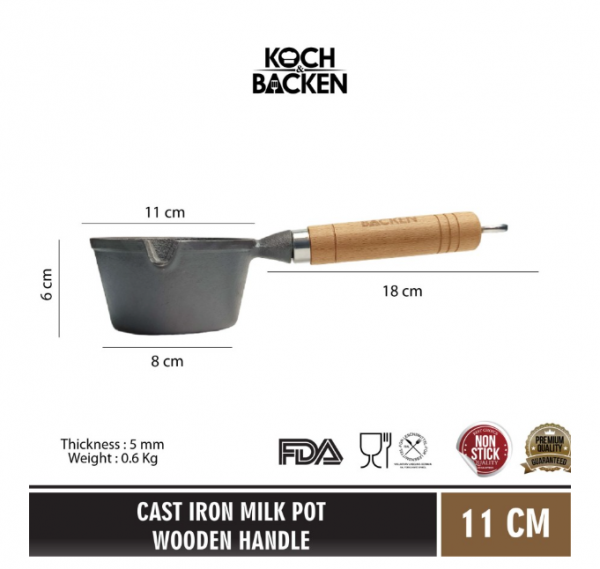 KOCH&BACKEN Cast Iron Milk Pot Gagang Kayu - Panci Susu Anti Lengket - 11 CM