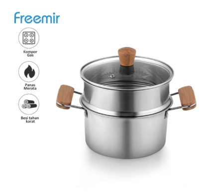 freemir Panci Sup Kukusan 20 CM 2 in 1 Stainless Steel Tutup Kaca