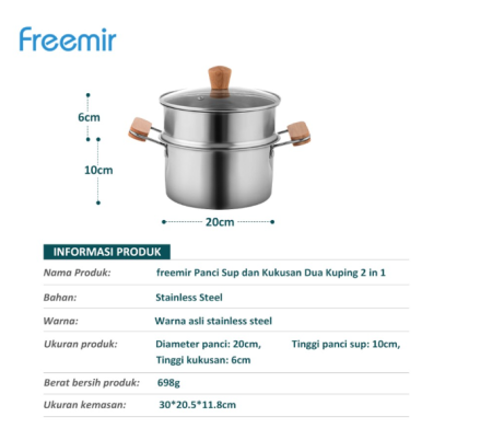 freemir Panci Sup Kukusan 20 CM 2 in 1 Stainless Steel Tutup Kaca