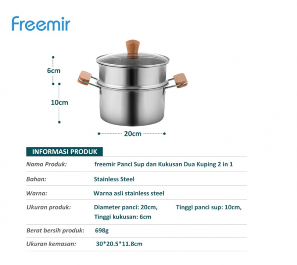 freemir Panci Sup Kukusan 20 CM 2 in 1 Stainless Steel Tutup Kaca
