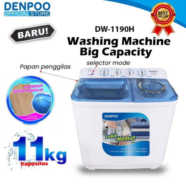 DENPOO MESIN CUCI 2 TABUNG DW 1190H (11KG) TECHNOLOGI PAPAN PENGGILAS