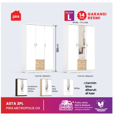 PIRA METROPOLIS OX - ASTA 3PL Lemari Pakaian 3 Pintu - White