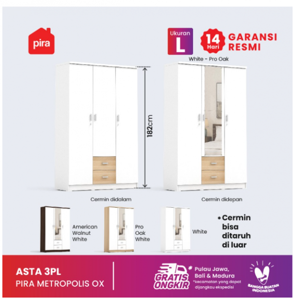 PIRA METROPOLIS OX - ASTA 3PL Lemari Pakaian 3 Pintu - White