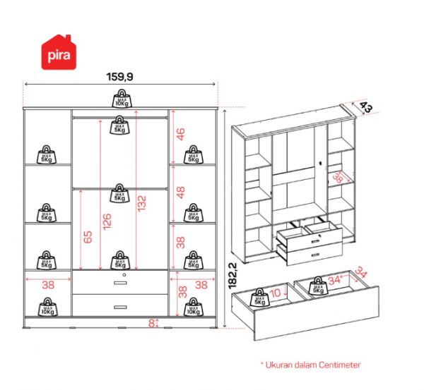 PIRA METROPOLIS OX - ASTA 4PL Lemari Pakaian 4 Pintu dengan Laci - White - Pro Oak