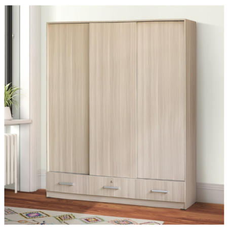 IDEA BERGEN Lemari Pakaian Sliding 3 Pintu Geser Modern Minimalis - Snow Walnut PLS