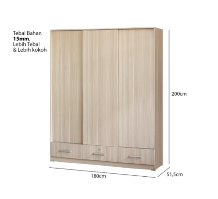 IDEA BERGEN Lemari Pakaian Sliding 3 Pintu Geser Modern Minimalis - Snow Walnut PLS