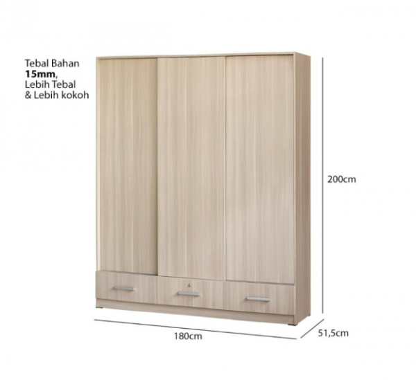IDEA BERGEN Lemari Pakaian Sliding 3 Pintu Geser Modern Minimalis - Snow Walnut PLS