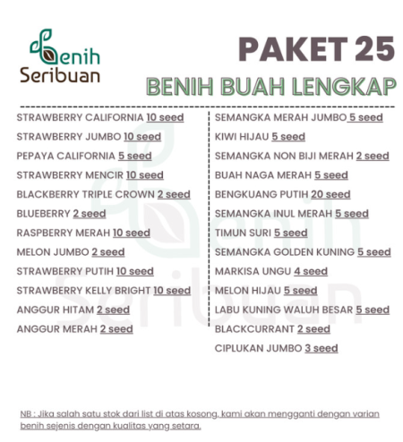 Bibit Buah Paket 25 Macam Benih Buah-Buahan Unggul Lengkap Seribuan - PK 25 BUAH LGKP