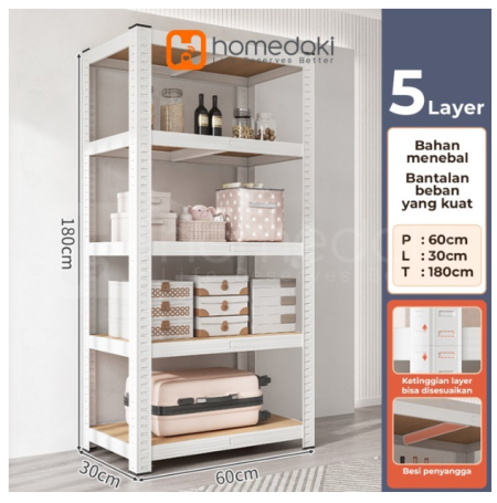 Homedoki Rak Penyimpanan/5 Susun Rak Gudang Serbaguna/Rak Multifungsi - ⬜5L-30*60*180