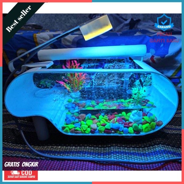 1 Set Aquarium kura kura mini lengkap dengan mesin filter air mancur - Lampu putih, lengkap mewah