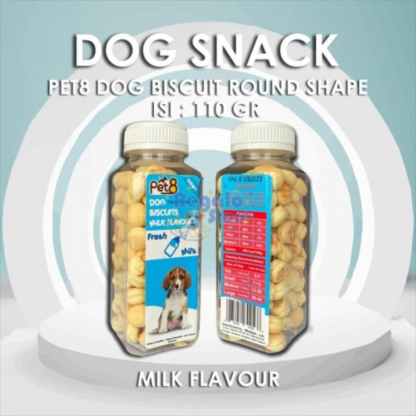SNACK ANJING BISCUIT BERBENTUK CAMILAN BULAT PET8 ROUND 110 GR - MILK