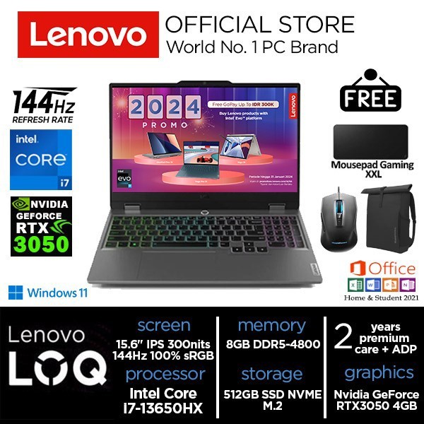 Lenovo LOQ i7-13650HX RTX3050 512GB SSD 8GB 100%sRGB 144Hz Win11+OHS - 8GB, Non Antigores