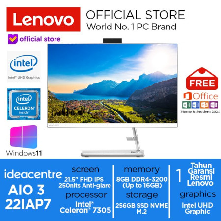 PC Lenovo IdeaCentre AIO 3 Intel Celeron 7305 256GB SSD 8GB Win11+OHS - Putih
