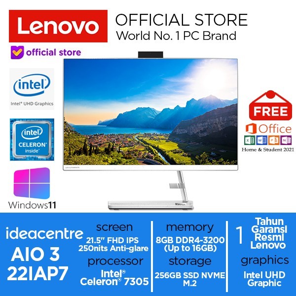 PC Lenovo IdeaCentre AIO 3 Intel Celeron 7305 256GB SSD 8GB Win11+OHS - Putih