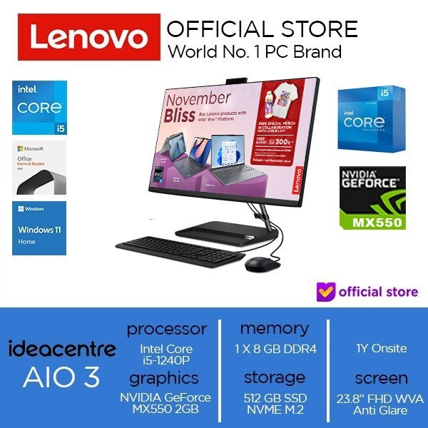 PC Lenovo IdeaCentre AIO 3 i5-1240P 512GB SSD 8GB MX550 Win11+OHS - Putih/WHite