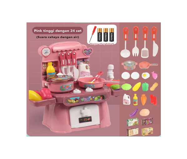 FUNTOY 24 PCS Mainan Kitchen Set dengan Wastafel, Cahaya & Suara Mainan Anak Kitchen