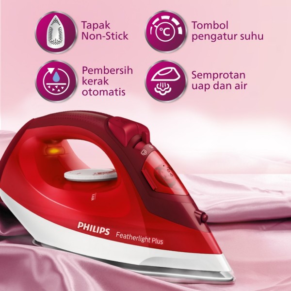 Philips Setrika Uap GC1424/45 - Merah, Tapak Non-Stick, gosokan baju