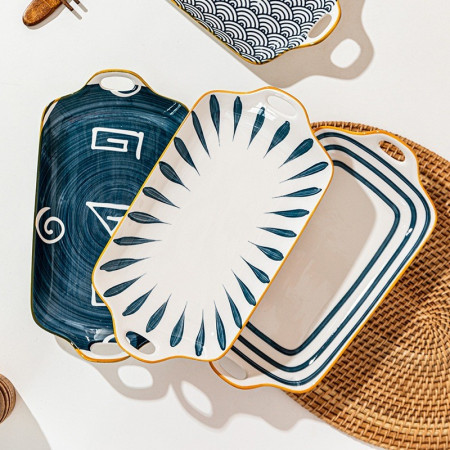 ASHOME Piring Saji dan Lauk Keramik persegi panjang gagang Motif Jepan - TOKYO