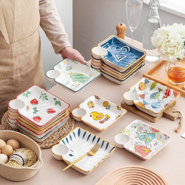 ASHOME piring saji keramik dengan sekat saos cartoon series