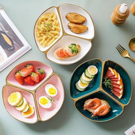 PIRING SAJI 3 BAGIAN/PIRING LAUK KERAMIK CEKUNG LIST GOLD ELEGANT