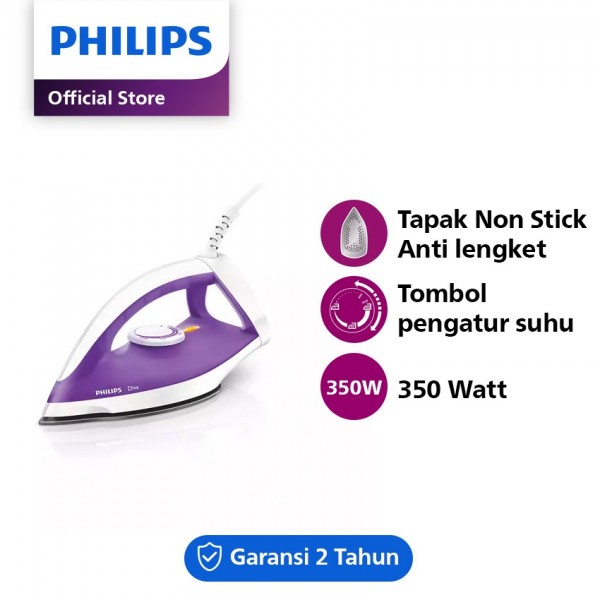 Philips Setrika Kering Diva GC122/37 - Ungu, Tapak Non-Stick, gosokan
