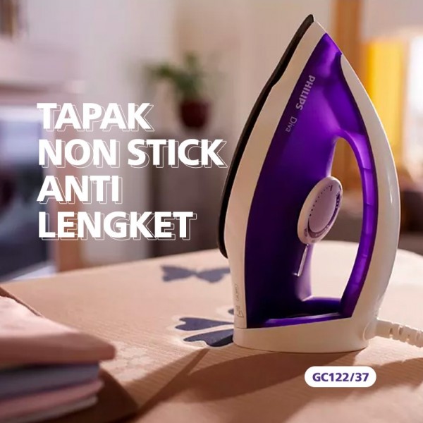 Philips Setrika Kering Diva GC122/37 - Ungu, Tapak Non-Stick, gosokan