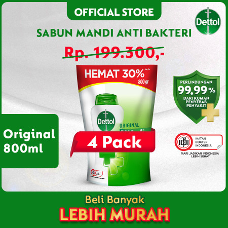 Dettol Sabun Mandi Cair Original 800ml x4 - Sabun Anti Bakteri
